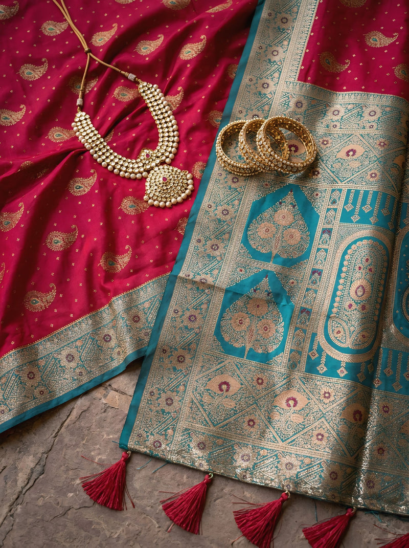 Radiant Rani Pink Art Silk Banarasi Saree with Teal Green Contrast Border & Blouse Piece