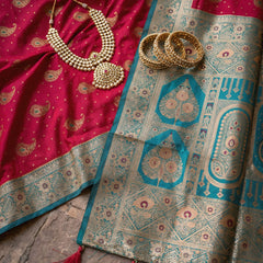 Radiant Rani Pink Art Silk Banarasi Saree with Teal Green Contrast Border & Blouse Piece