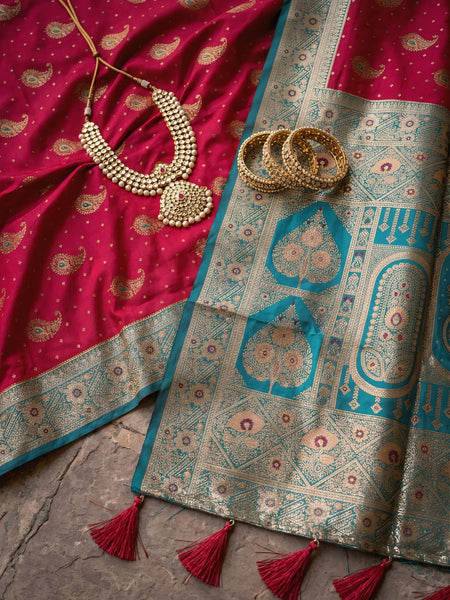 Radiant Rani Pink Art Silk Banarasi Saree with Teal Green Contrast Border & Blouse Piece