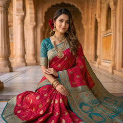 Radiant Rani Pink Art Silk Banarasi Saree with Teal Green Contrast Border & Blouse Piece