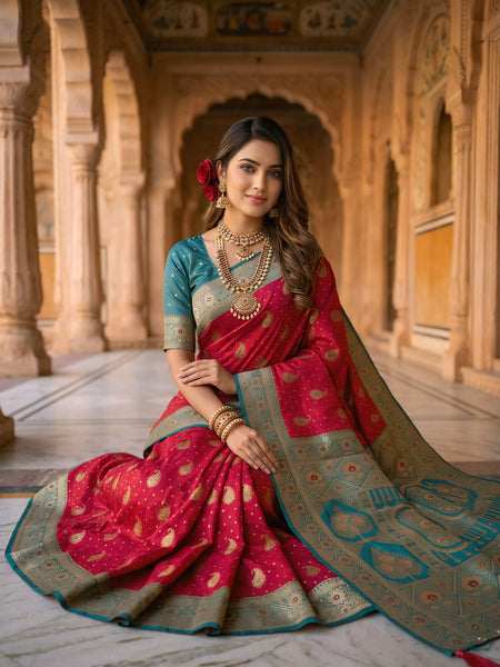 Radiant Rani Pink Art Silk Banarasi Saree with Teal Green Contrast Border & Blouse Piece