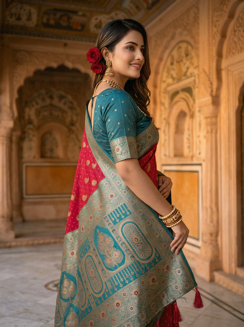 Radiant Rani Pink Art Silk Banarasi Saree with Teal Green Contrast Border & Blouse Piece