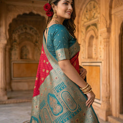 Radiant Rani Pink Art Silk Banarasi Saree with Teal Green Contrast Border & Blouse Piece