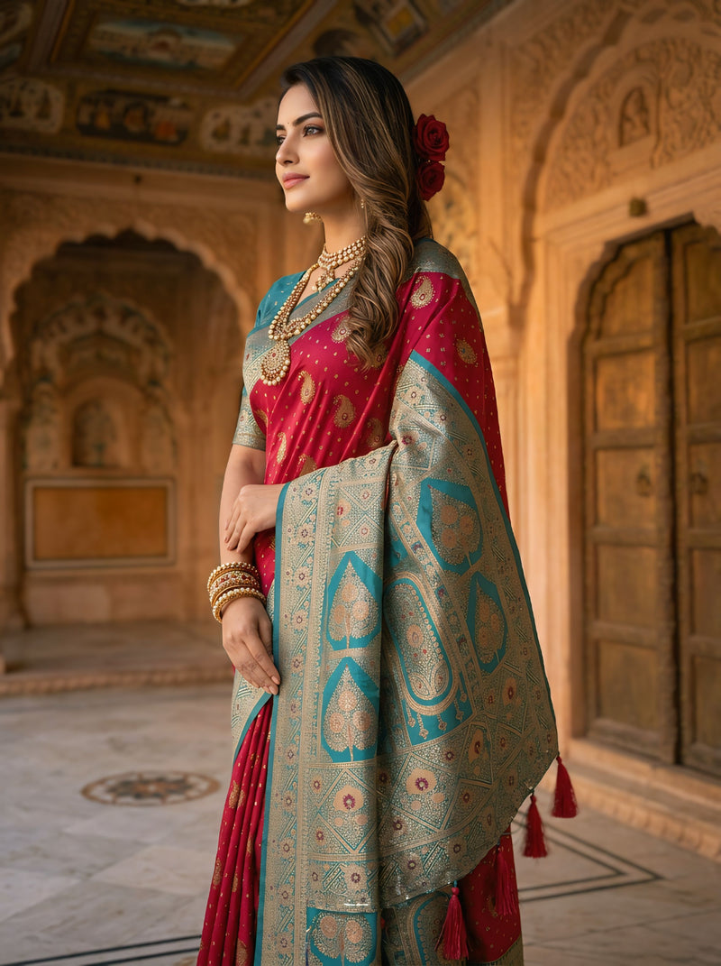 Radiant Rani Pink Art Silk Banarasi Saree with Teal Green Contrast Border & Blouse Piece