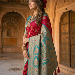 Radiant Rani Pink Art Silk Banarasi Saree with Teal Green Contrast Border & Blouse Piece