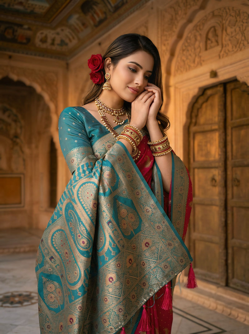 Radiant Rani Pink Art Silk Banarasi Saree with Teal Green Contrast Border & Blouse Piece