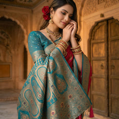 Radiant Rani Pink Art Silk Banarasi Saree with Teal Green Contrast Border & Blouse Piece