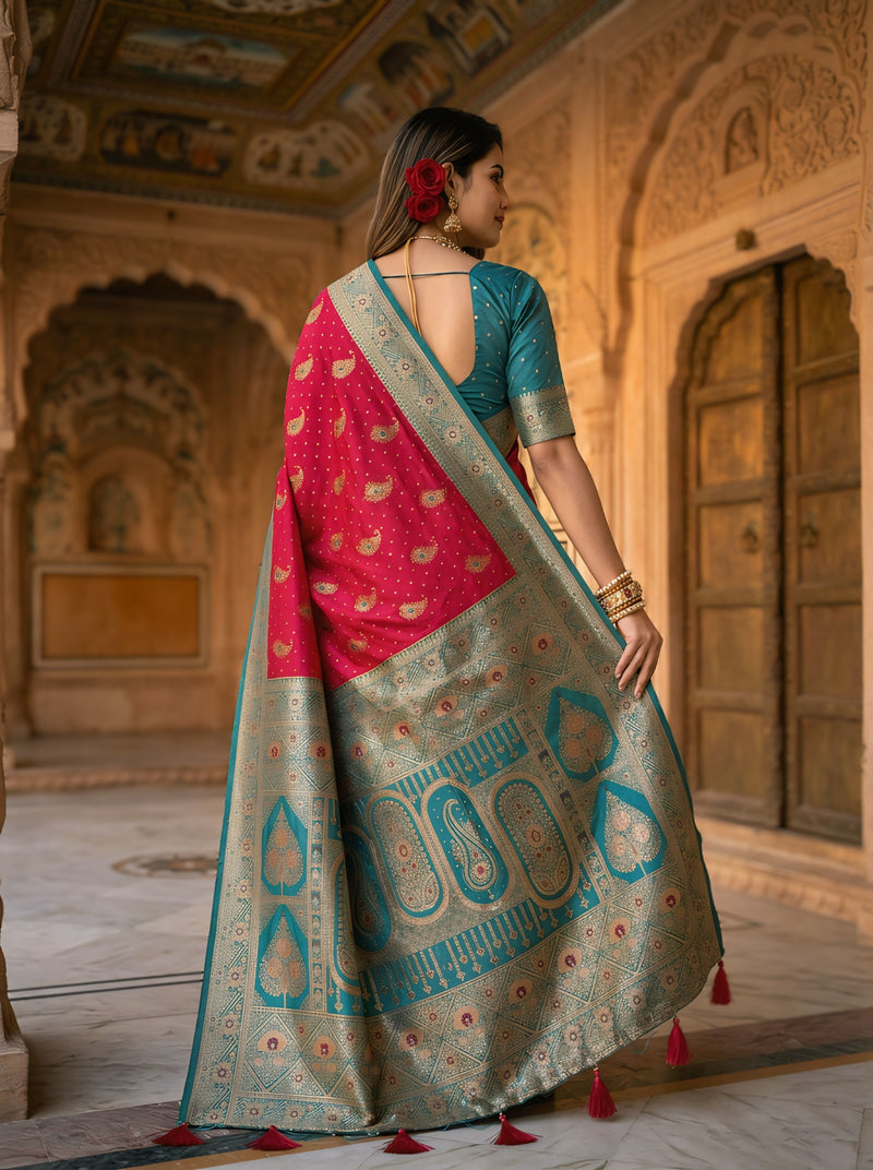 Radiant Rani Pink Art Silk Banarasi Saree with Teal Green Contrast Border & Blouse Piece