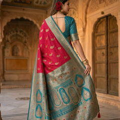 Radiant Rani Pink Art Silk Banarasi Saree with Teal Green Contrast Border & Blouse Piece