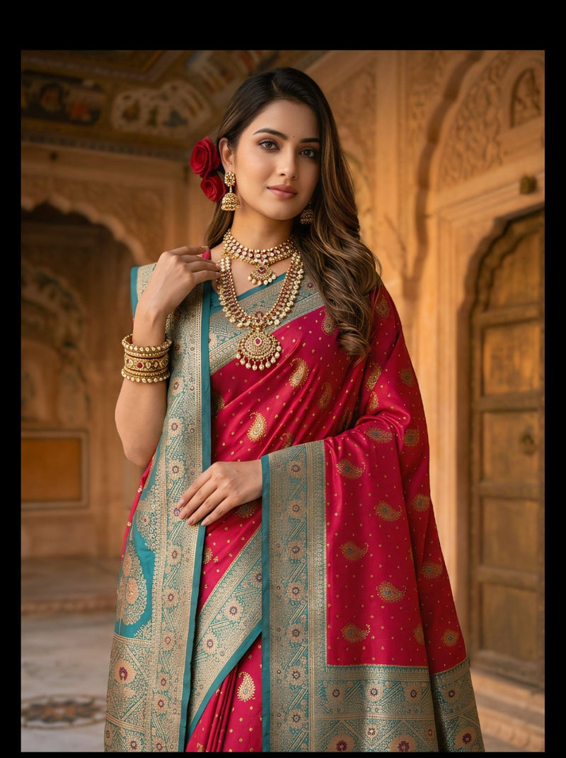Radiant Rani Pink Art Silk Banarasi Saree with Teal Green Contrast Border & Blouse Piece