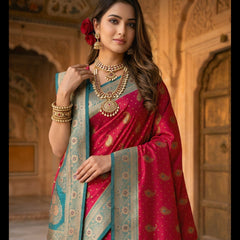 Radiant Rani Pink Art Silk Banarasi Saree with Teal Green Contrast Border & Blouse Piece