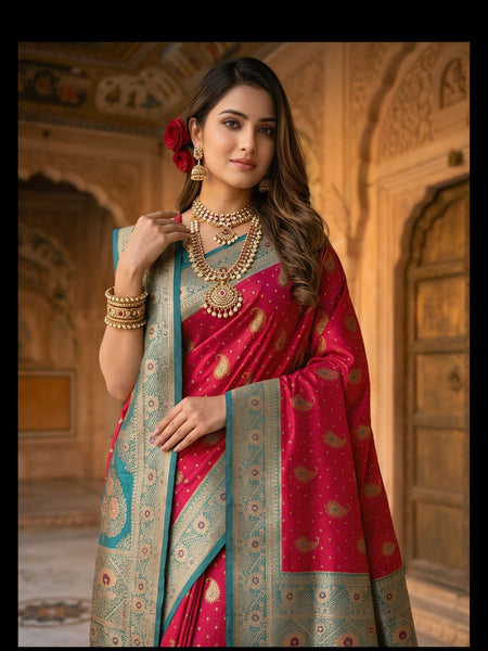 Radiant Rani Pink Art Silk Banarasi Saree with Teal Green Contrast Border & Blouse Piece