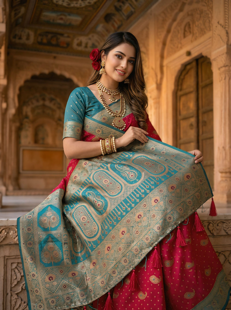 Radiant Rani Pink Art Silk Banarasi Saree with Teal Green Contrast Border & Blouse Piece