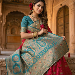 Radiant Rani Pink Art Silk Banarasi Saree with Teal Green Contrast Border & Blouse Piece