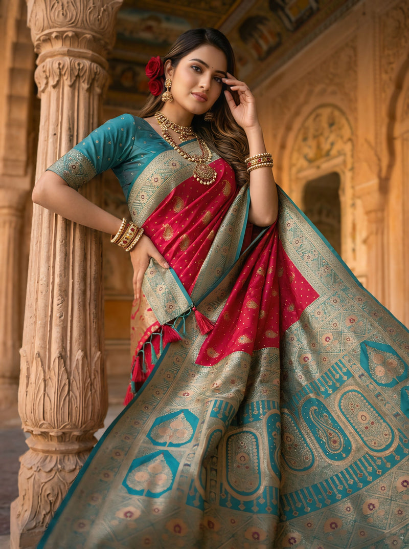 Radiant Rani Pink Art Silk Banarasi Saree with Teal Green Contrast Border & Blouse Piece