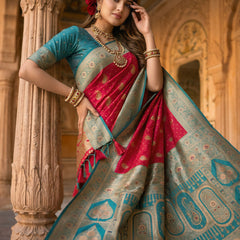 Radiant Rani Pink Art Silk Banarasi Saree with Teal Green Contrast Border & Blouse Piece