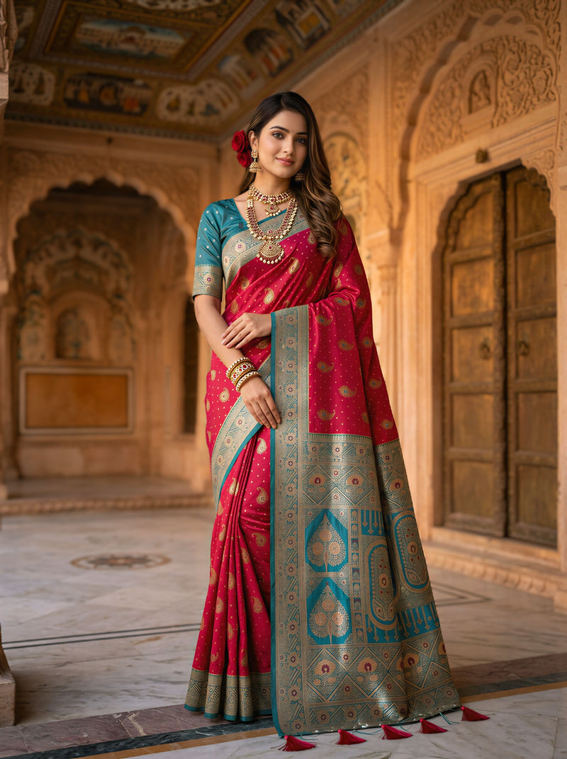 Radiant Rani Pink Art Silk Banarasi Saree with Teal Green Contrast Border & Blouse Piece