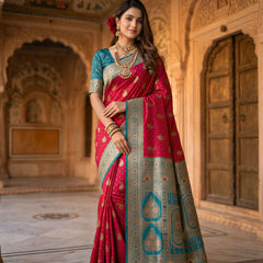 Radiant Rani Pink Art Silk Banarasi Saree with Teal Green Contrast Border & Blouse Piece