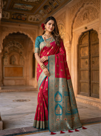 Radiant Rani Pink Art Silk Banarasi Saree with Teal Green Contrast Border & Blouse Piece