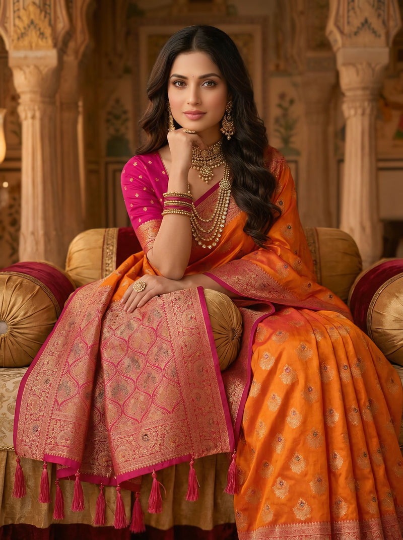 Radiant Orange Art Silk Banarasi Saree with Rani Pink Contrast Border & Blouse Piece