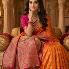 Radiant Orange Art Silk Banarasi Saree with Rani Pink Contrast Border & Blouse Piece