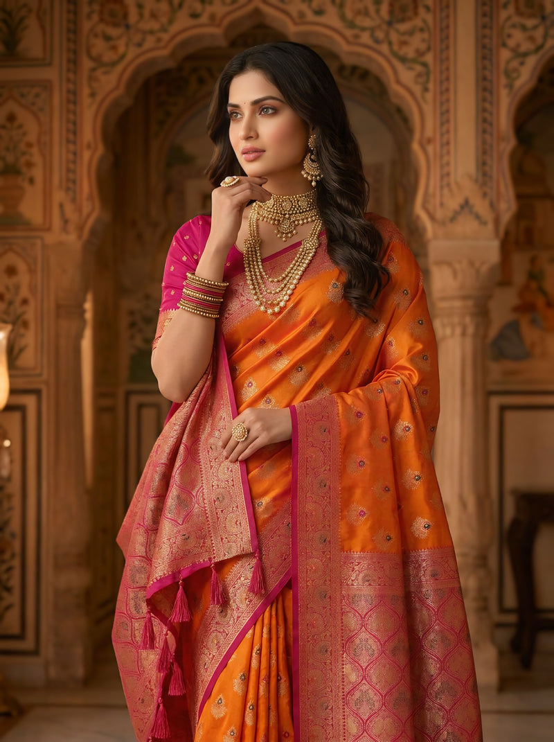 Radiant Orange Art Silk Banarasi Saree with Rani Pink Contrast Border & Blouse Piece