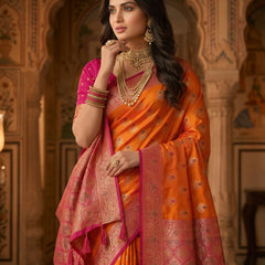 Radiant Orange Art Silk Banarasi Saree with Rani Pink Contrast Border & Blouse Piece