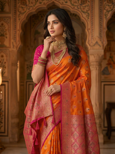 Radiant Orange Art Silk Banarasi Saree with Rani Pink Contrast Border & Blouse Piece
