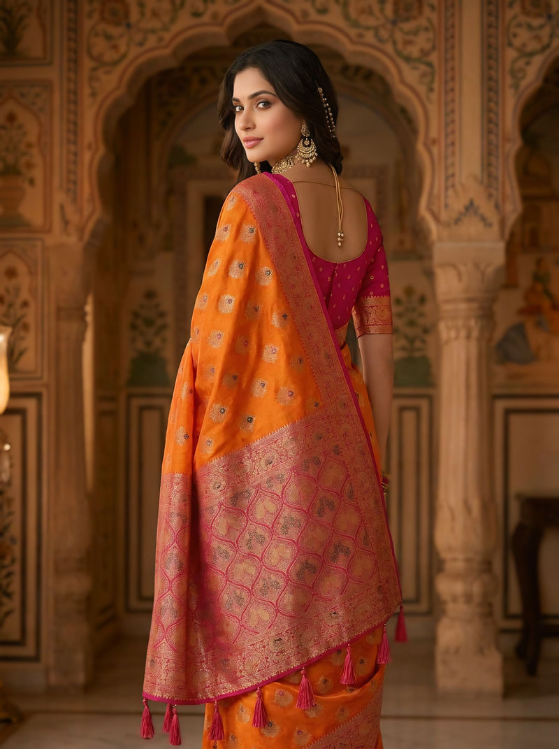 Radiant Orange Art Silk Banarasi Saree with Rani Pink Contrast Border & Blouse Piece