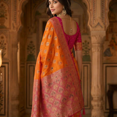 Radiant Orange Art Silk Banarasi Saree with Rani Pink Contrast Border & Blouse Piece