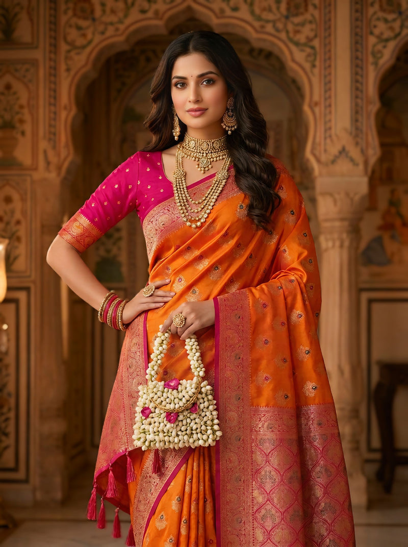 Radiant Orange Art Silk Banarasi Saree with Rani Pink Contrast Border & Blouse Piece