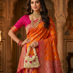 Radiant Orange Art Silk Banarasi Saree with Rani Pink Contrast Border & Blouse Piece