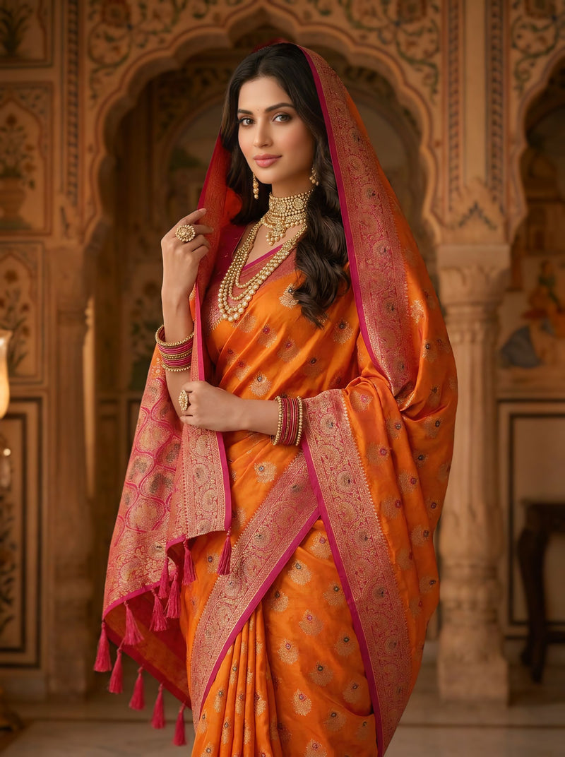 Radiant Orange Art Silk Banarasi Saree with Rani Pink Contrast Border & Blouse Piece