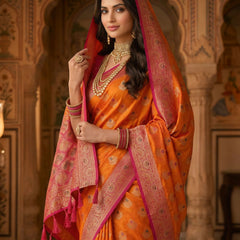 Radiant Orange Art Silk Banarasi Saree with Rani Pink Contrast Border & Blouse Piece