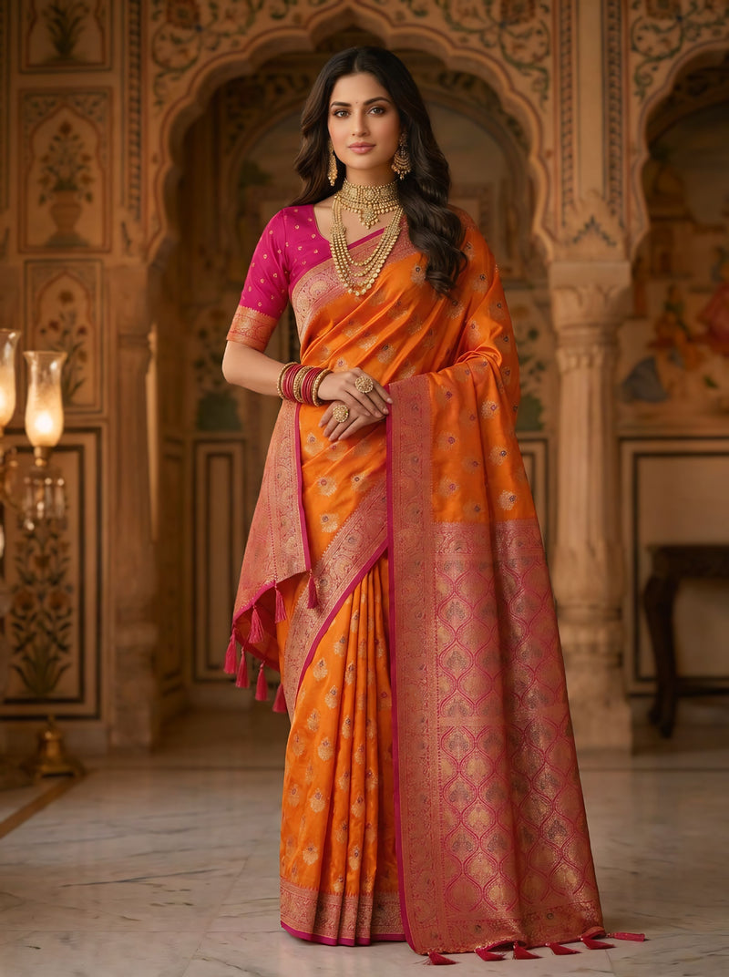 Radiant Orange Art Silk Banarasi Saree with Rani Pink Contrast Border & Blouse Piece