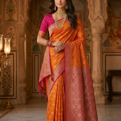 Radiant Orange Art Silk Banarasi Saree with Rani Pink Contrast Border & Blouse Piece