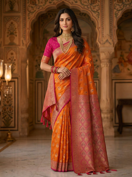 Radiant Orange Art Silk Banarasi Saree with Rani Pink Contrast Border & Blouse Piece