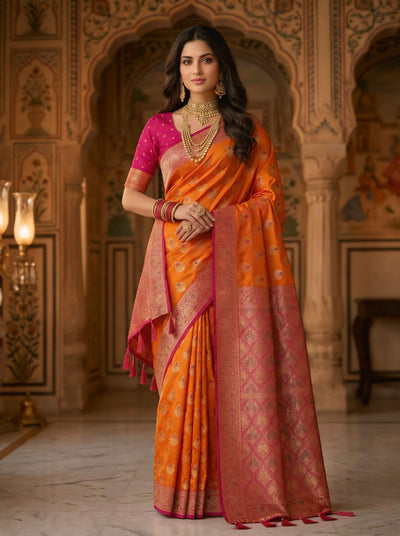 Radiant Orange Art Silk Banarasi Saree with Rani Pink Contrast Border & Blouse Piece
