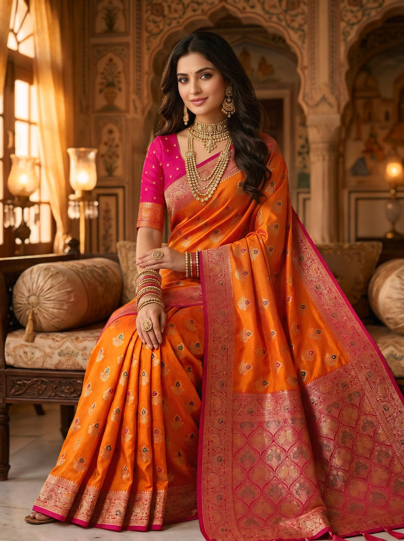 Radiant Orange Art Silk Banarasi Saree with Rani Pink Contrast Border & Blouse Piece