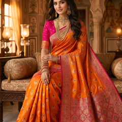 Radiant Orange Art Silk Banarasi Saree with Rani Pink Contrast Border & Blouse Piece