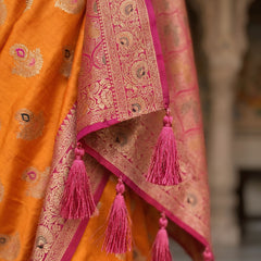 Radiant Orange Art Silk Banarasi Saree with Rani Pink Contrast Border & Blouse Piece
