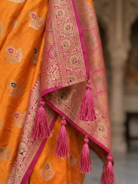 Radiant Orange Art Silk Banarasi Saree with Rani Pink Contrast Border & Blouse Piece