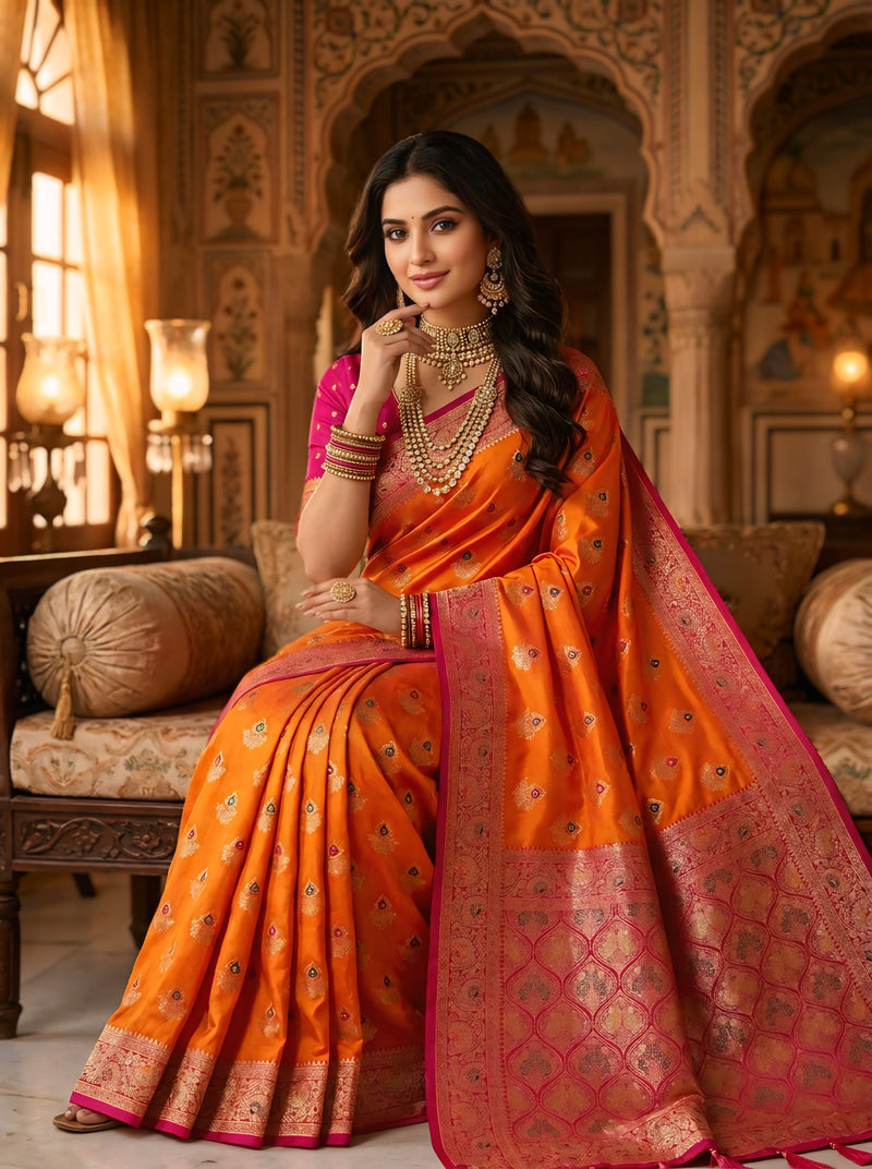 Radiant Orange Art Silk Banarasi Saree with Rani Pink Contrast Border & Blouse Piece