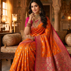Radiant Orange Art Silk Banarasi Saree with Rani Pink Contrast Border & Blouse Piece