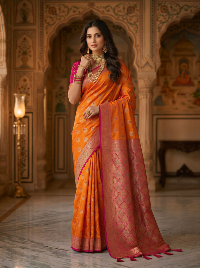 Radiant Orange Art Silk Banarasi Saree with Rani Pink Contrast Border & Blouse Piece