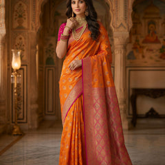 Radiant Orange Art Silk Banarasi Saree with Rani Pink Contrast Border & Blouse Piece