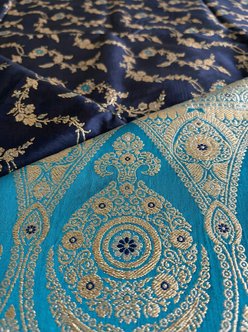 Royal Navy Blue Art Silk Banarasi Saree with Turquoise Blue Contrast Border & Blouse Piece