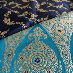Royal Navy Blue Art Silk Banarasi Saree with Turquoise Blue Contrast Border & Blouse Piece