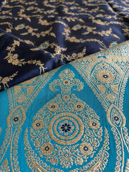 Royal Navy Blue Art Silk Banarasi Saree with Turquoise Blue Contrast Border & Blouse Piece