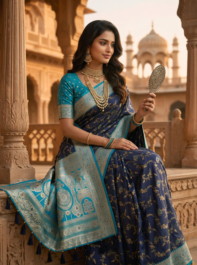 Royal Navy Blue Art Silk Banarasi Saree with Turquoise Blue Contrast Border & Blouse Piece